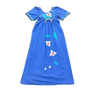 Vintage Women’s Andrade Blue Cotton Floral Maxi Dress Made in Hawaii 1990s